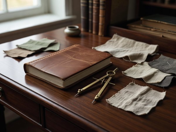 Curator desk featuring hand-bound notebook, brass drafting compass, and linen sample swatches