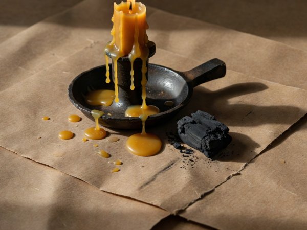 Brown heavy kraft paper table setting with raw iron candleholder, dripped beeswax, and a lump of black drawing charcoal