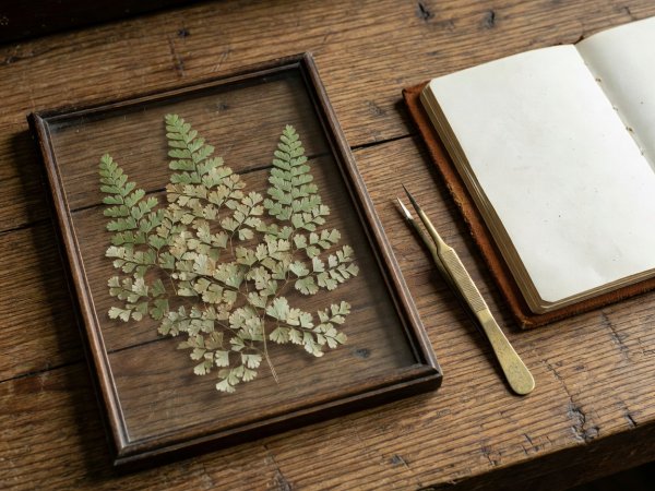Botanical glass specimen frame displaying pressed dried fern fronds beside brass tweezers and field notebook