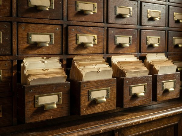 Close-up of wooden card catalog drawers with brass label holders and yellowed indexing cards