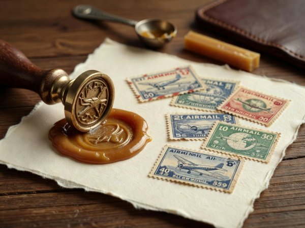 A brass wax seal pressed into melted amber wax on heavy deckle-edge paper alongside vintage airmail stamps